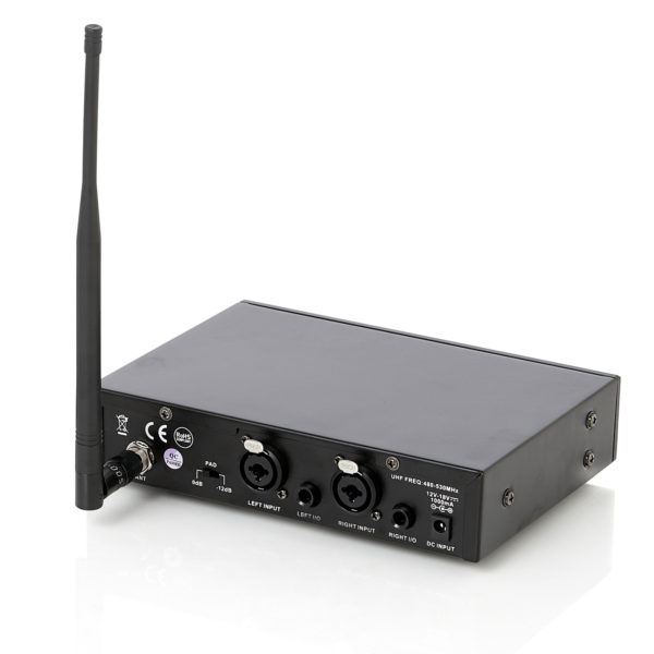 Sistema wireless UHF in-ear monitor stereo. Vista posteriore